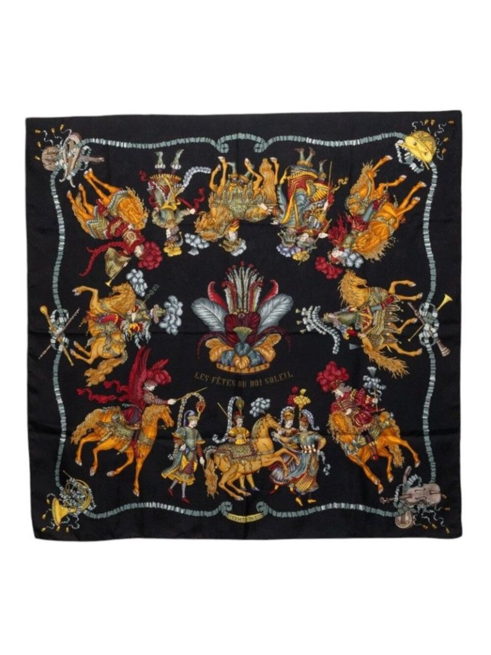 Hermes Carre 90 les Fetes du Roi Soleil Celebration of the Sun King Scarf Black